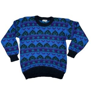 Epogee Vintage Blue and Black Patterned Sweater with Shoulder Pads